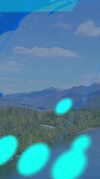 Vertical video: Drone panning river, blue dots appearing and sweeping, showing digits for mapping