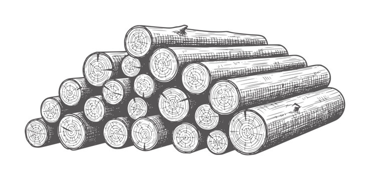Stacked logs with visible wood grain and tree rings in a style timber pile