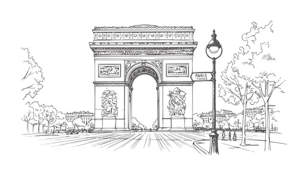 Parisian Arc de Triomphe with street lamp and trees france monument