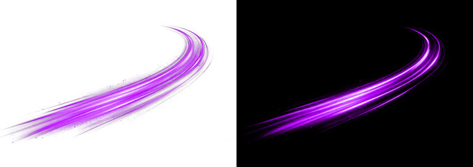 Abstract purple light lines glowing on transparent and black backgrounds © Ontime Rahela