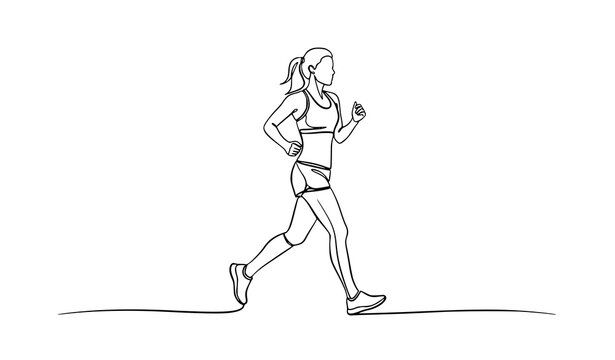 Minimal continuous line art female runner jogging fitness sports vector illustration