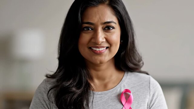 A confident Indian woman with a pink ribbon on her shirt smiles, symbolizing breast cancer awareness and support.