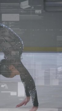 Vertical video: Tech charts overlaying skater entering, moving from inverted to arabesque for show
