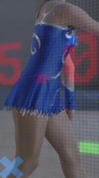 Vertical video: Teen skater stepping on ice, overlaid charts analyzing jump for sports coaching