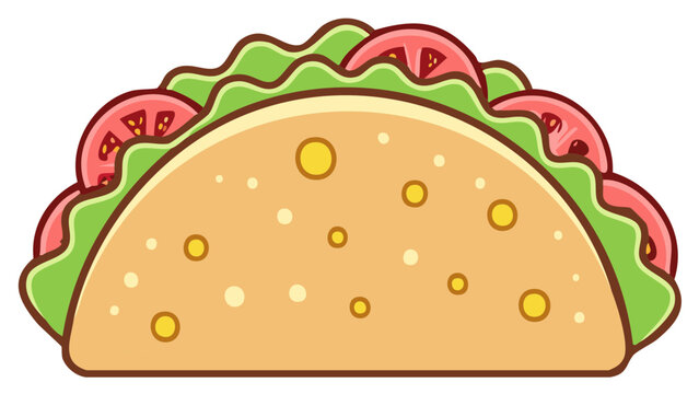 Cartoon taco illustration with fresh lettuce and tomatoes in a soft shell
