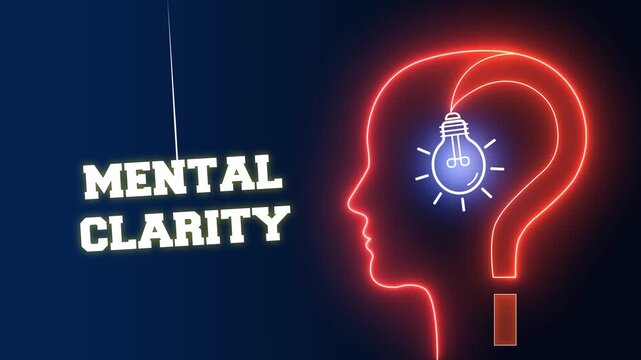 Mental clarity text sign on a red neon background with a glowing human head profile and light bulb for sharp focus and clear logical thinking
