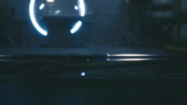 Sensor calibration area with docking ring focus. Interior of space dock exhibiting textured cables and bokeh effects for calibration purposes