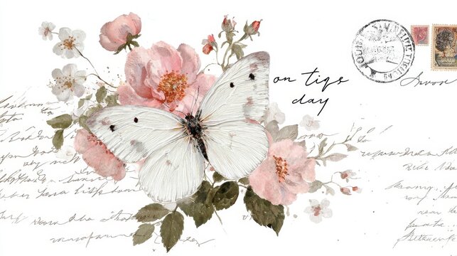 Vintage watercolor butterfly and climbing roses illustration. Flying on a romantic old postcard with handwritten script. Ancient postal stamps. And a round postmark