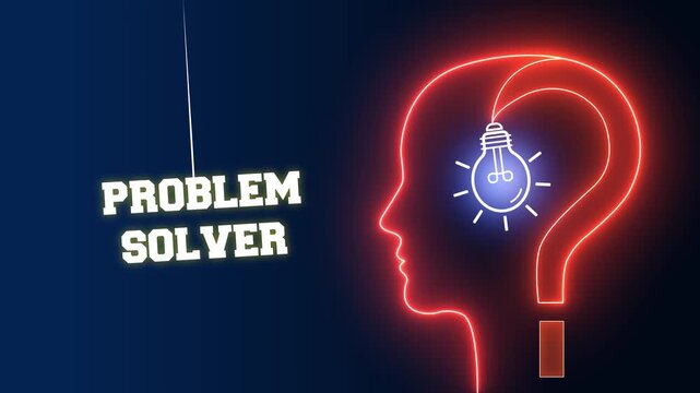 Problem solver text sign on a red neon background with a glowing human head profile and light bulb for analytical thinking and troubleshooting logic