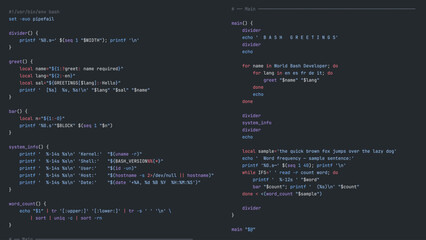 Modern Programmer Coding Screen with Hello World Program with Modern Programming Language Syntax Highlighting in Digital Code Editor Environment. Vector Illustration. © ec0de