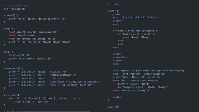 Modern Programmer Coding Screen with Hello World Program with Modern Programming Language Syntax Highlighting in Digital Code Editor Environment. Vector Illustration.