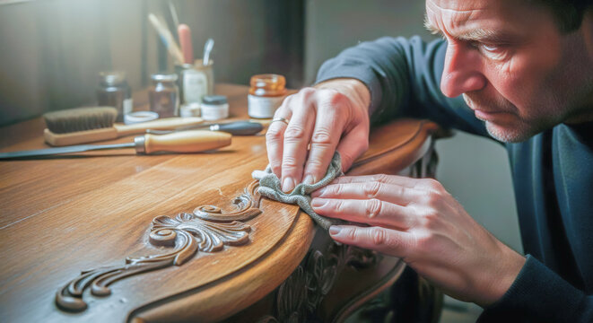 furniture restorer carefully polishing an antique wooden table in a workshop
