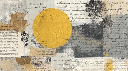 Textured mixed media collage with a golden sun motif, layered vintage paper, handwritten script, printed text and botanical sketches for a nostalgic, expressive art background