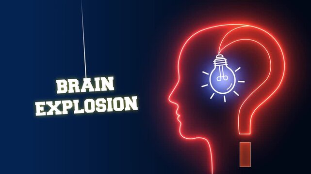 Brain explosion text sign on a red neon background with a glowing human head profile and light bulb representing a burst of genius creative ideas