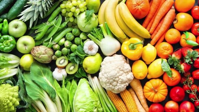 Colorful assortment of fresh fruits and vegetables healthy organic food background top view natural produce collection for nutrition diet grocery concept