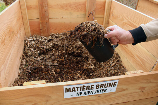 Main tenant un broc de mati&egrave;re brune pour m&eacute;lange de compost du jardin