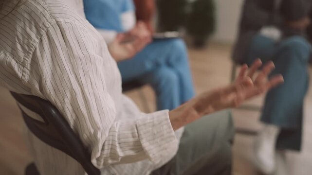 Alcoholics Anonymous and mental health group therapy, closeup of female hands. People discussing life and medical problems with physician, support and help for women in difficult life situation