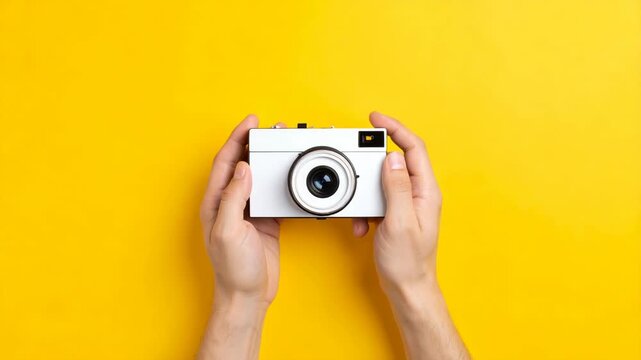 Person holding a white retro film camera against a solid vibrant yellow background top view photography concept