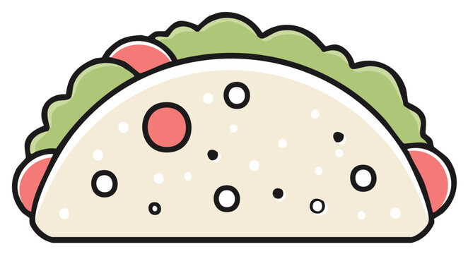 Simple cartoon taco icon with fresh lettuce and tomato in a soft tortilla shell