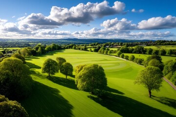 Naklejka premium Aerial View of Pristine Cricket Pitch Surrounded by Lush Greenery