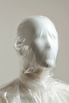 Plastic wrapping over manequin adult white portrait.