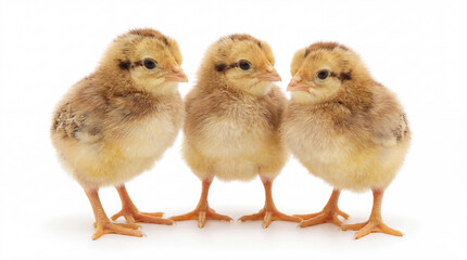 Fototapeta premium Three fluffy baby chicks isolated on white background.