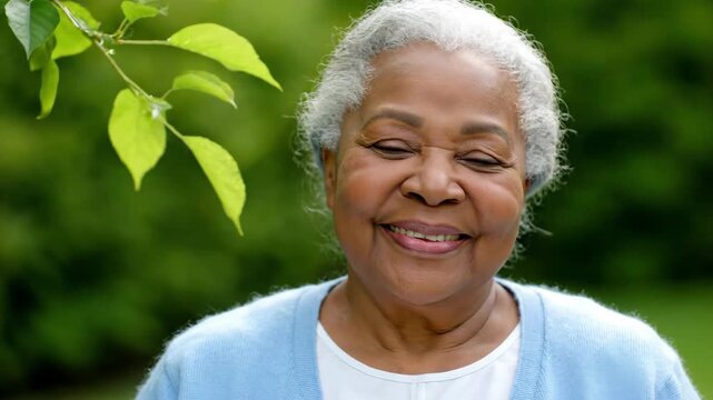A joyful senior African American woman smiles genuinely at the camera in a green outdoor setting. Her expression conveys warmth and happiness.
