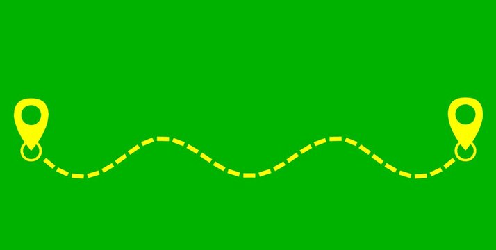 Animated route yellow line connecting two yellowlocation pin icons. Route between two points navigation, journey, travel