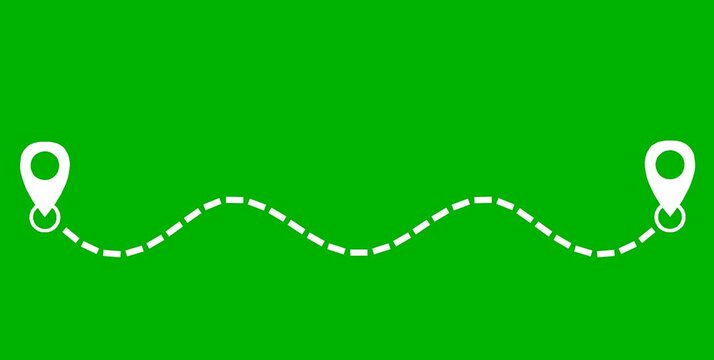 Animated route white line connecting two white location pin icons. Route between two points navigation,