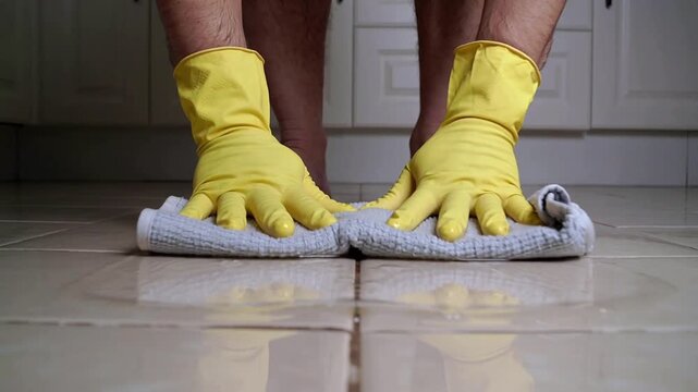 Gloves cleaning worker kneeling on tiled floor wearing yellow rubber gloves and white sneakers with caution stance for household hygiene and