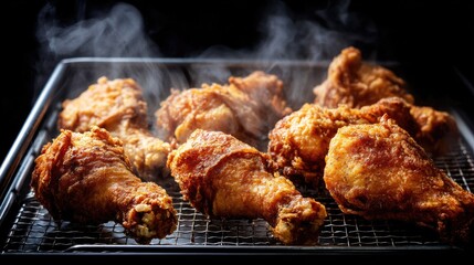 Crispy Fried Chicken Drumsticks on a Grill with Delicious Steam Rising in a Dark Environment for Perfect Comfort Food Imagery