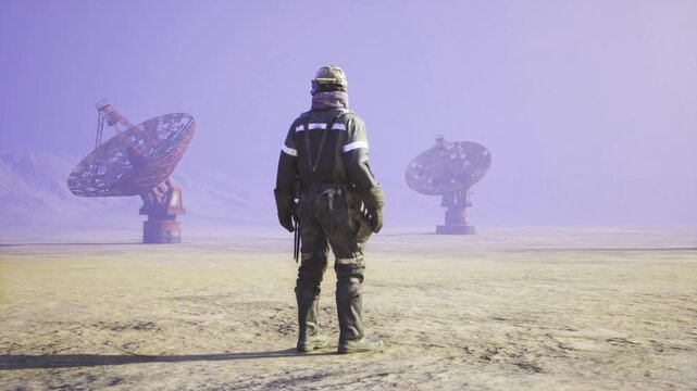 Sentinel stands guard before inactive satellite dishes under violet haze, battered gear and armor, windblown dust and relic structures, mood of survival,