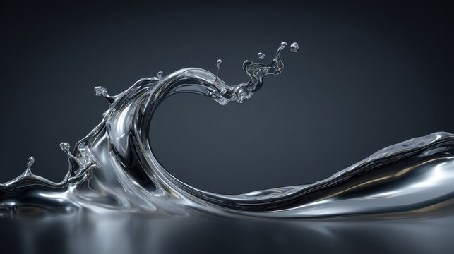 Metallic liquid arc in flight: photorealistic 3D illustration of a silver splash with droplets