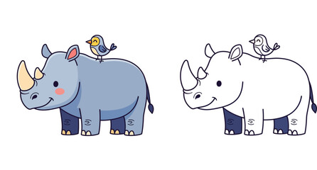 Cute cartoon rhino with little bird illustration and black and white line art for coloring book © MstTabassum