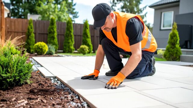 Professional landscaper installing stone paving slabs in a modern garden during a backyard renovation project