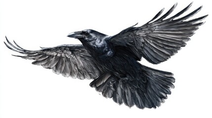 Fototapeta premium Minimalist illustration of a raven in flight on a white background