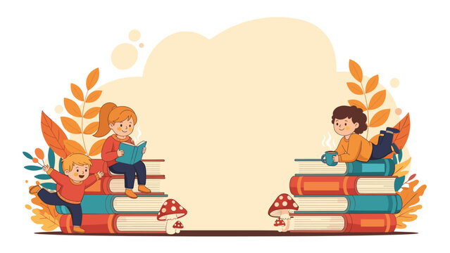 Group of happy children enjoy reading and playing on large stacks of books in a magical autumn setting with forest leaves.