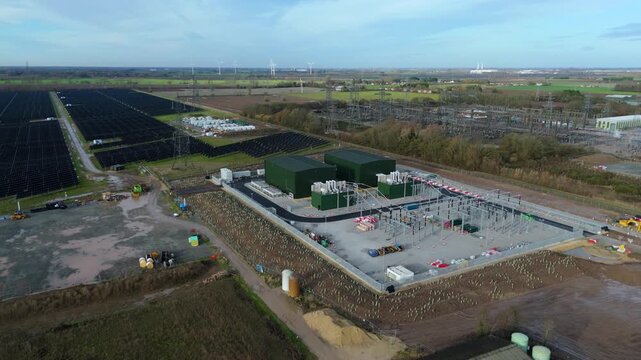 Aerial drone view of the Walpole Substation, UK, featuring the massive synchronous condenser facility built for National Grid stability.