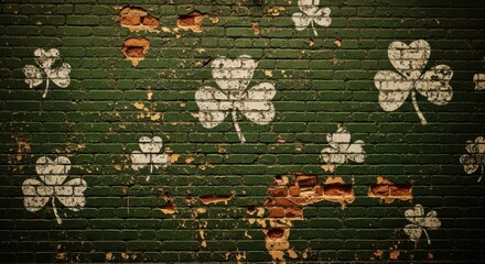 Fototapeta premium A weathered green brick wall with white shamrocks and peeling paint in an urban setting with natural