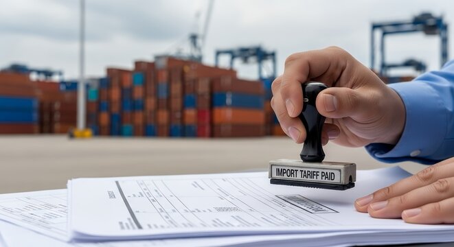 Close-up zoom of customs officer stamping &ldquo;IMPORT TARIFF PAID&rdquo; on cargo paperwork, blurred shipping containers in background, logistics port atmosphere, documentary editorial style