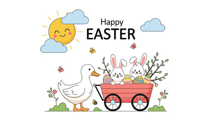 Cute duck watches as two white bunnies ride in a red wagon filled with colorful decorated easter eggs through a garden.