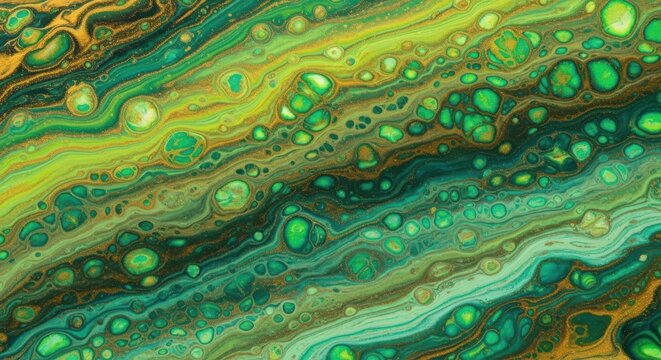 Vibrant green and gold fluid art with swirling patterns and bubbles in a mesmerizing abstract compos