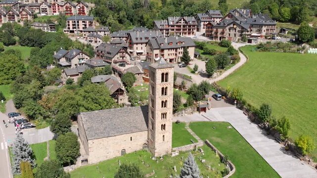 Aerial circular shot: Sant Climent de Ta&uuml;ll in the catalan Pyrenees