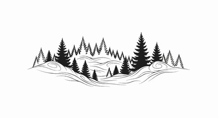 Obraz premium A stylized black and white illustration of a forest landscape with rolling hills