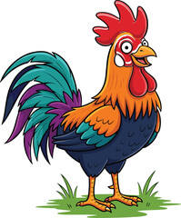 Colorful rooster cartoon illustration standing on grass with vibrant feathers farm chicken character isolated for agriculture and poultry design