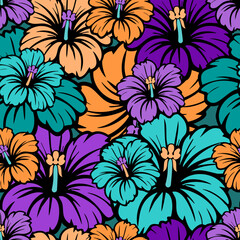 Seamless tropical pattern with hibiscus flowers. Modern floral background in bright purple and turquoise colors. Exotic summer botanical texture for textile and print. © Vitalii_ART