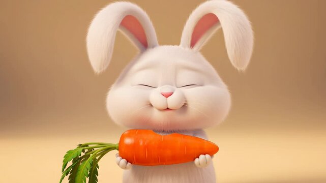 Animated fluffy white bunny holding a carrot with eyes closed in cute cartoon style video