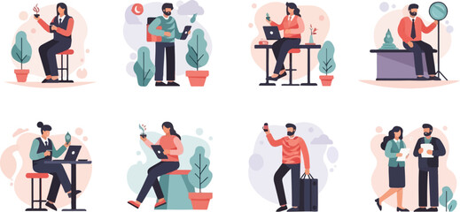 Diverse individuals engage in various daily activities including work, leisure, and travel