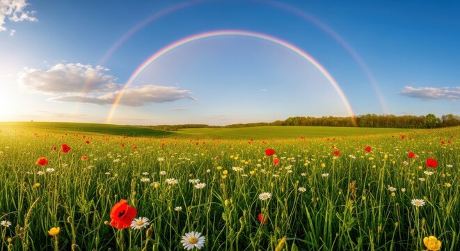 beautiful landscape of a field of flowers with a rainbow in the sky on a sunny day with blue cloudy