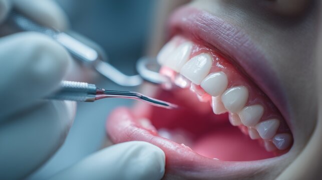 Close-up of a dental examination with instruments near teeth and gum, representing dental implant, prosthodontic, periodontic, oral surgical and restorative dental care.